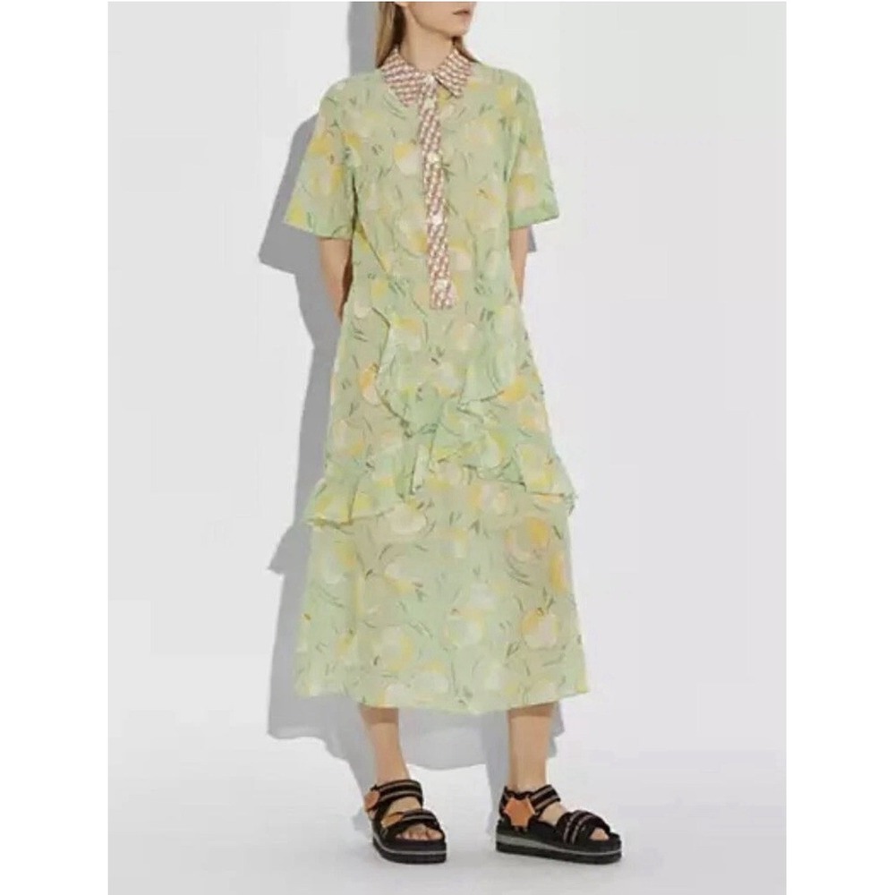 Coach Apple Print Cotton Cupro Ruffle Shirt Dress Sage Green Teacher Size 2 $700